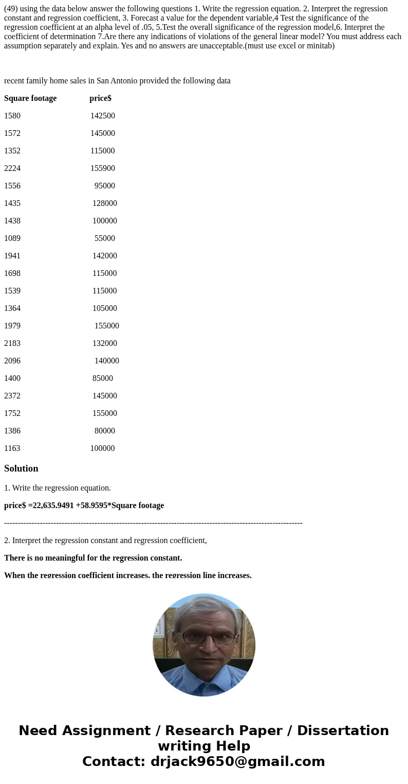 (49) using the data below answer the following questions 1. Write the regression equation. 2. Interpret the regression constant and regression coefficient, 3. F