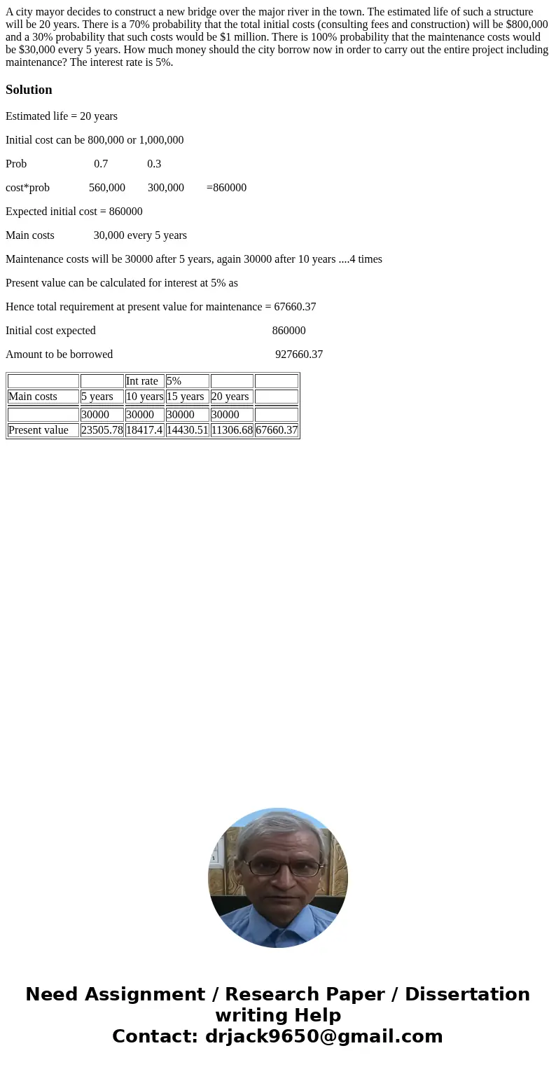 A city mayor decides to construct a new bridge over the major river in the town. The estimated life of such a structure will be 20 years. There is a 70% probab  A city mayor decides to construct a new bridge over the major river in the town. The estimated life of such a structure will be 20 years. There is a 70% probab