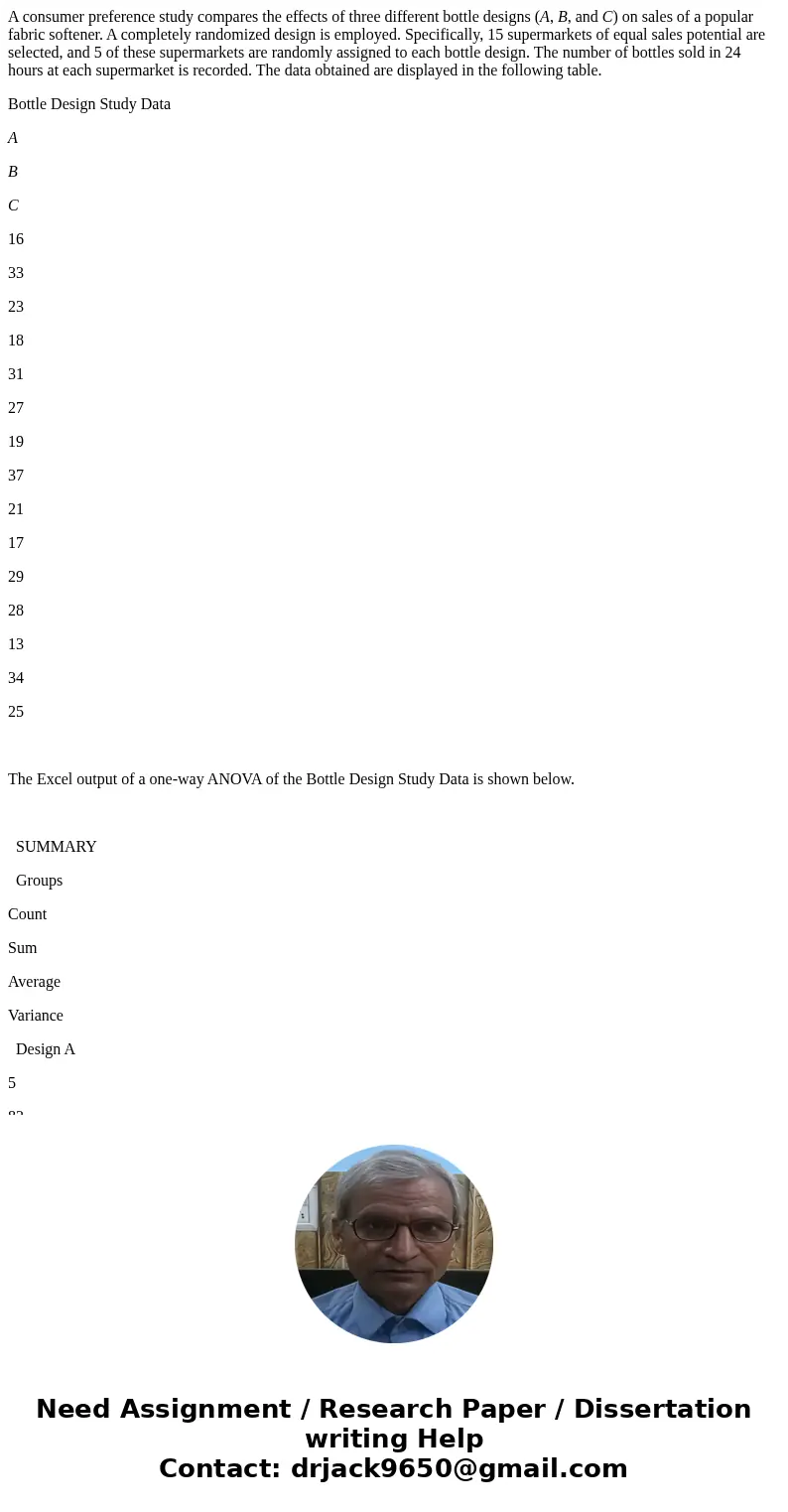 A consumer preference study compares the effects of three different bottle designs (A, B, and C) on sales of a popular fabric softener. A completely randomized  A consumer preference study compares the effects of three different bottle designs (A, B, and C) on sales of a popular fabric softener. A completely randomized