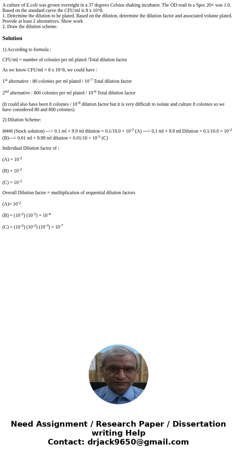 A culture of E.coli was grown overnight in a 37 degrees Celsius shaking incubator. The OD read in a Spec 20+ was 1.0. Based on the standard curve the CFU/ml is  A culture of E.coli was grown overnight in a 37 degrees Celsius shaking incubator. The OD read in a Spec 20+ was 1.0. Based on the standard curve the CFU/ml is