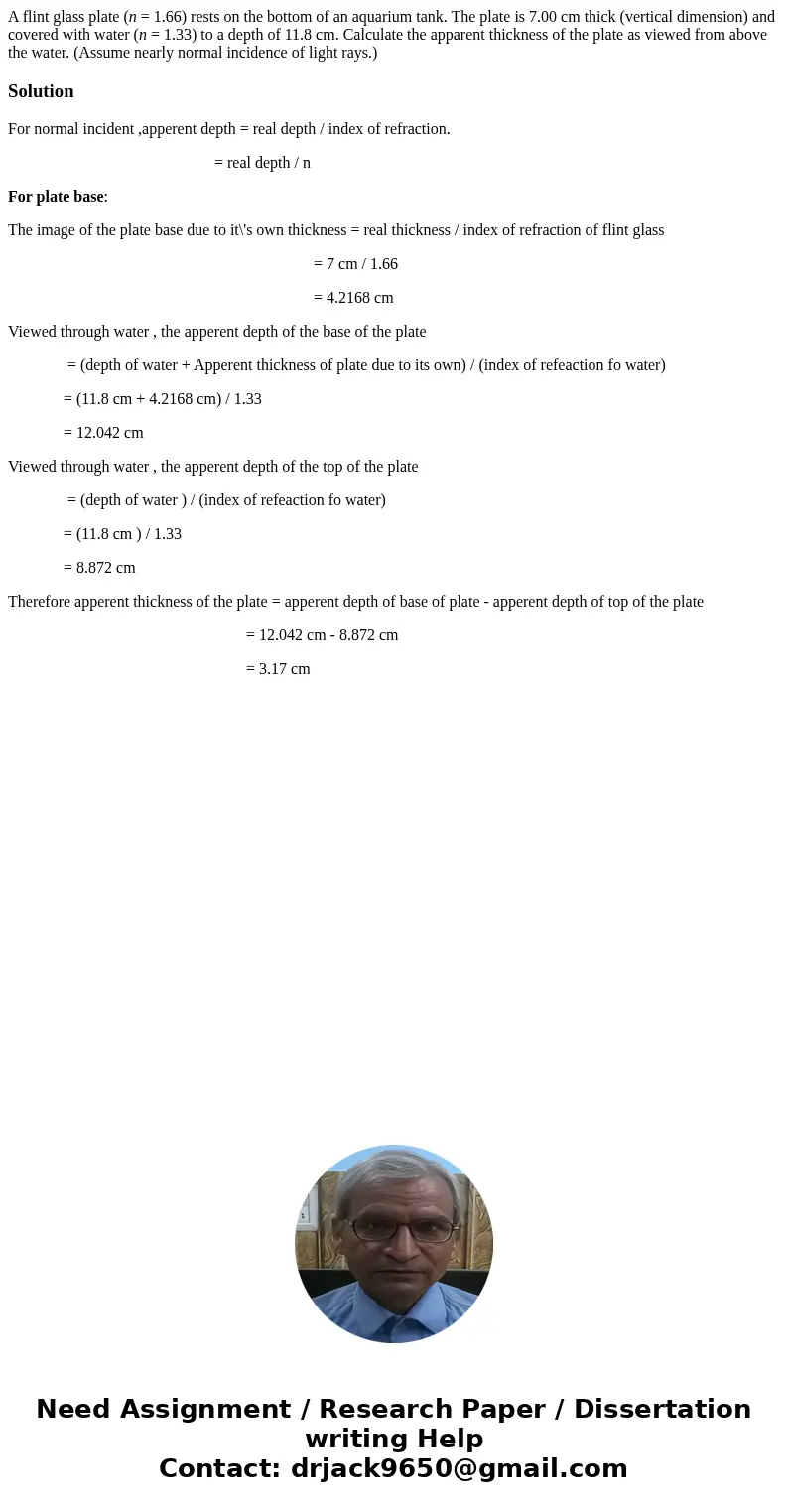 A flint glass plate (n = 1.66) rests on the bottom of an aquarium tank. The plate is 7.00 cm thick (vertical dimension) and covered with water (n = 1.33) to a d