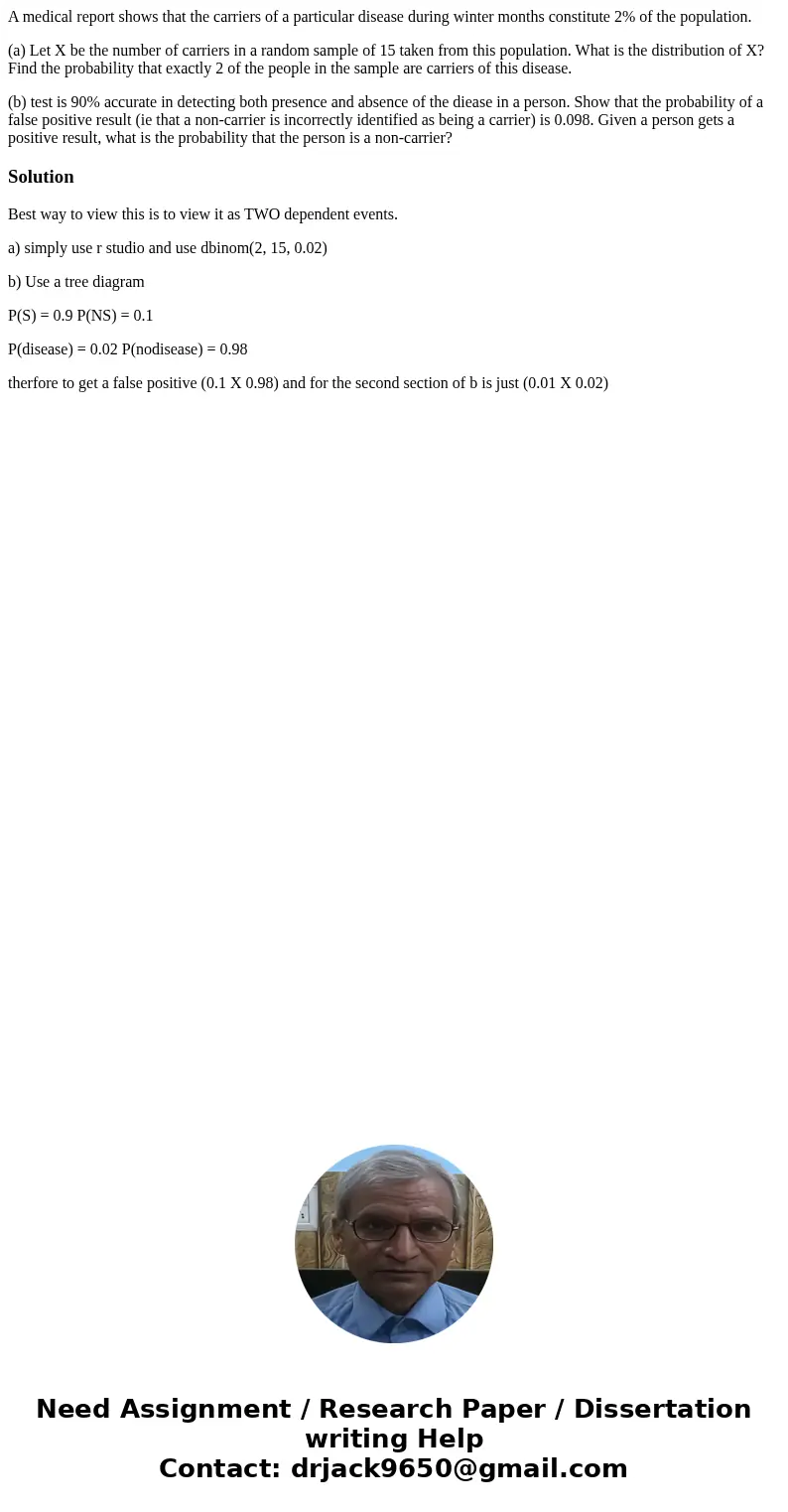 A medical report shows that the carriers of a particular disease during winter months constitute 2% of the population. (a) Let X be the number of carriers in a  A medical report shows that the carriers of a particular disease during winter months constitute 2% of the population. (a) Let X be the number of carriers in a