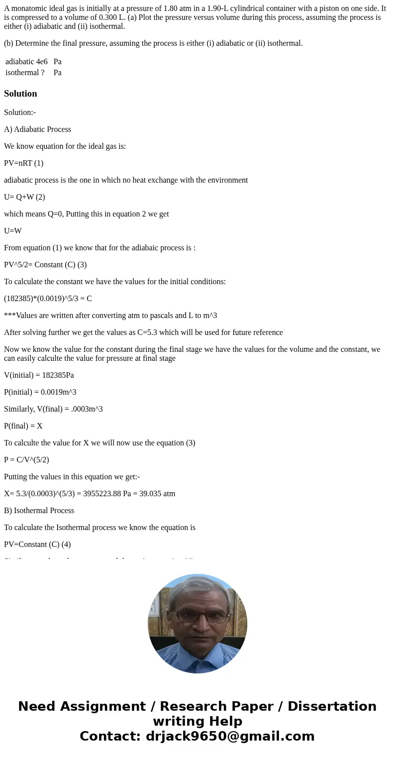 A monatomic ideal gas is initially at a pressure of 1.80 atm in a 1.90-L cylindrical container with a piston on one side. It is compressed to a volume of 0.300 