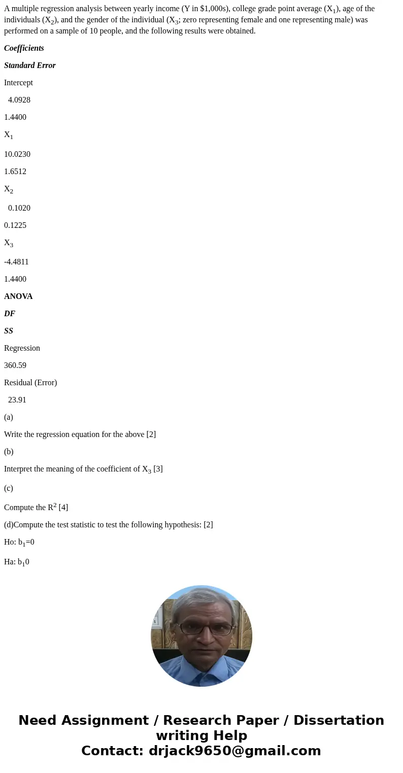 A multiple regression analysis between yearly income (Y in $1,000s), college grade point average (X1), age of the individuals (X2), and the gender of the indivi A multiple regression analysis between yearly income (Y in $1,000s), college grade point average (X1), age of the individuals (X2), and the gender of the indivi