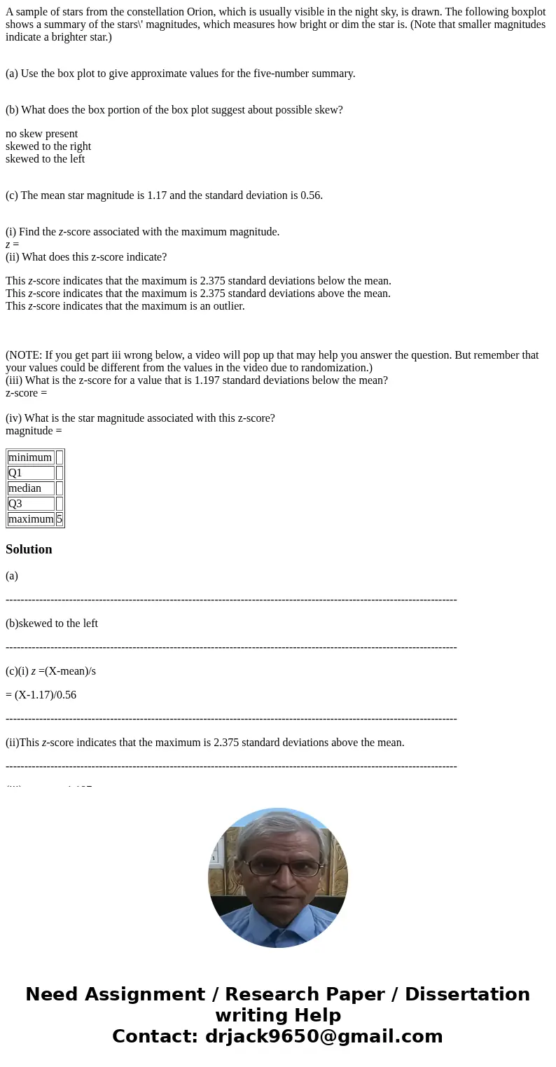 A sample of stars from the constellation Orion, which is usually visible in the night sky, is drawn. The following boxplot shows a summary of the stars\' magnit A sample of stars from the constellation Orion, which is usually visible in the night sky, is drawn. The following boxplot shows a summary of the stars\' magnit