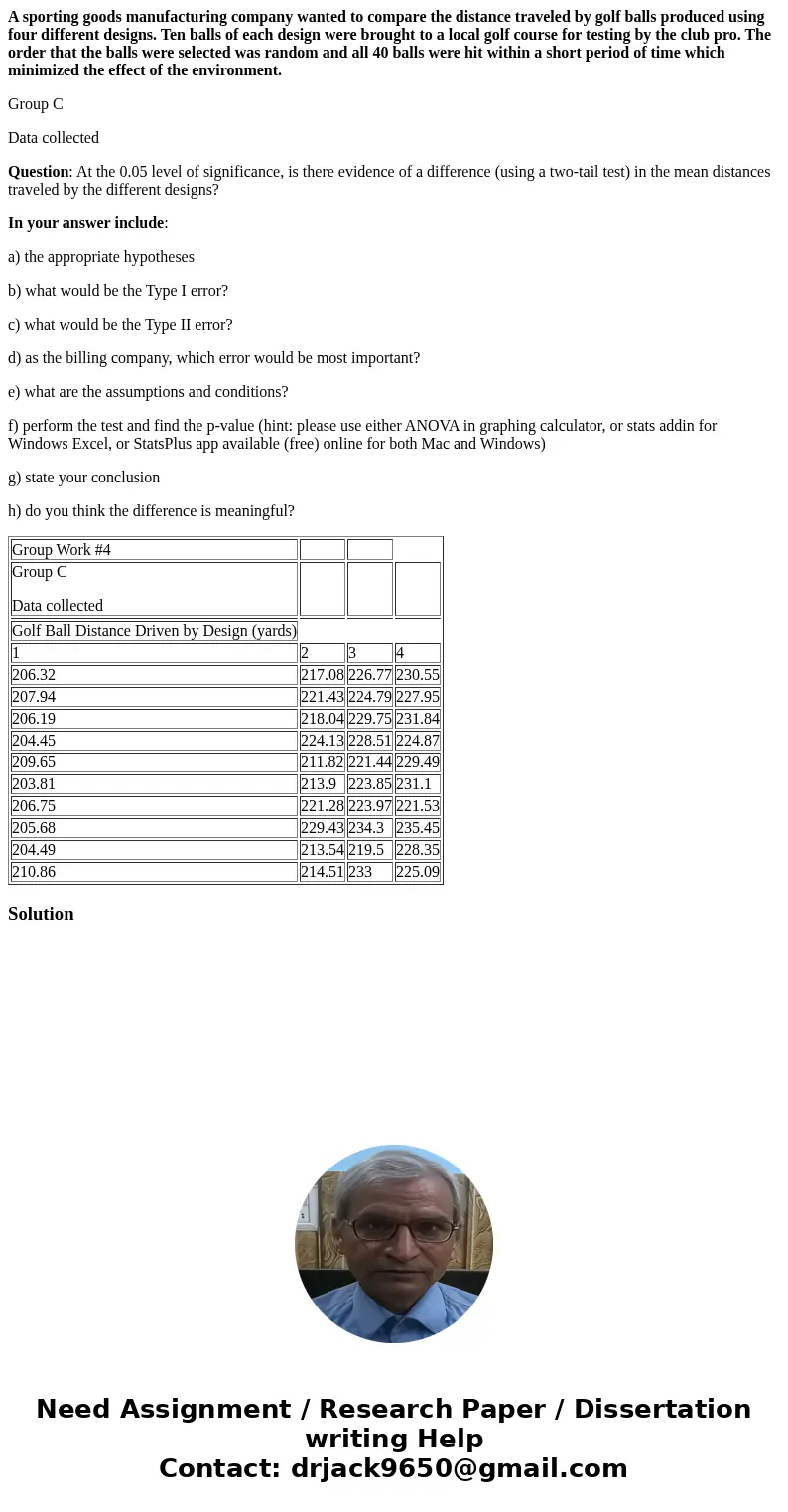 A sporting goods manufacturing company wanted to compare the distance traveled by golf balls produced using four different designs. Ten balls of each design wer