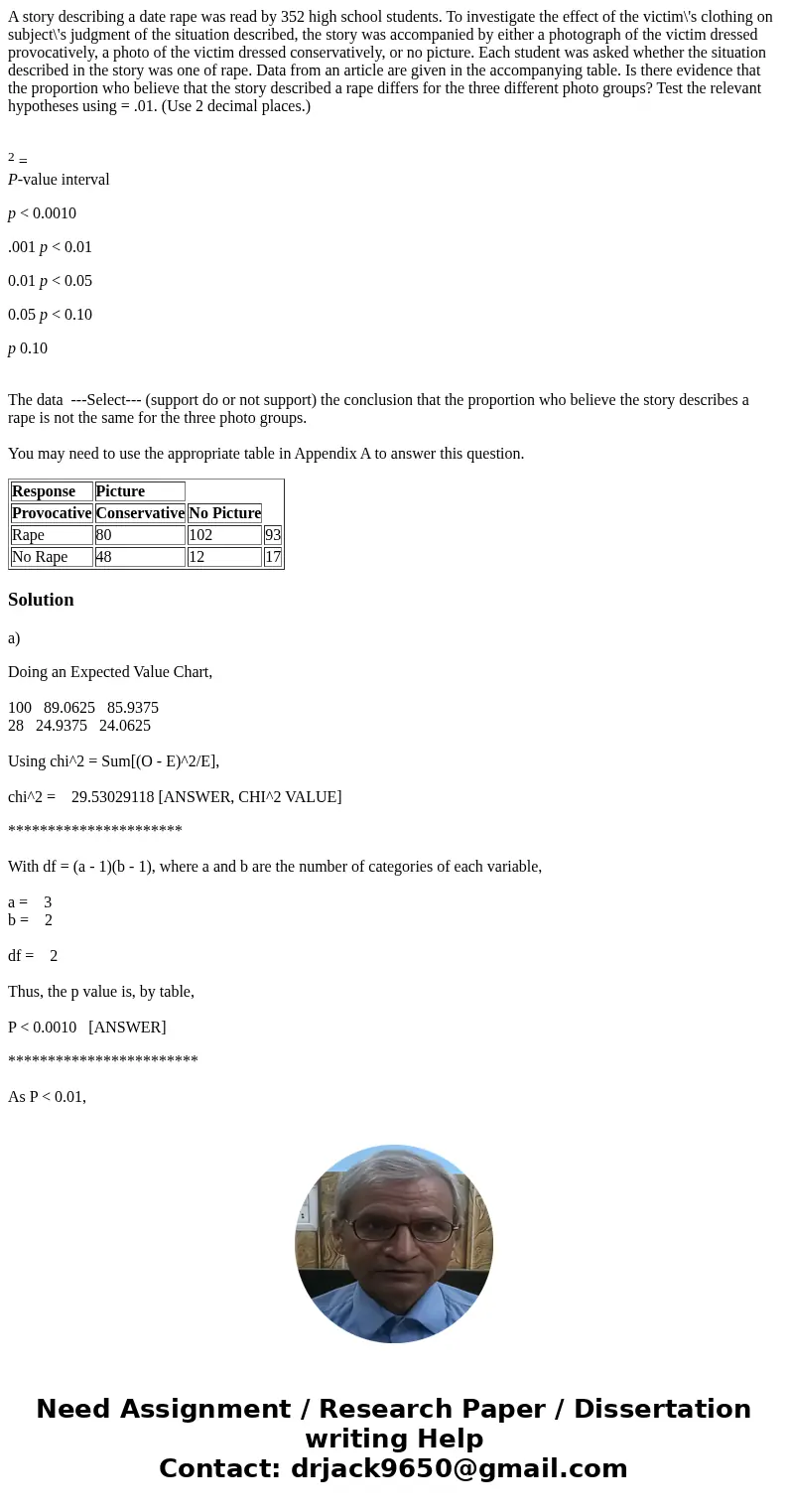 A story describing a date rape was read by 352 high school students. To investigate the effect of the victim\'s clothing on subject\'s judgment of the situation