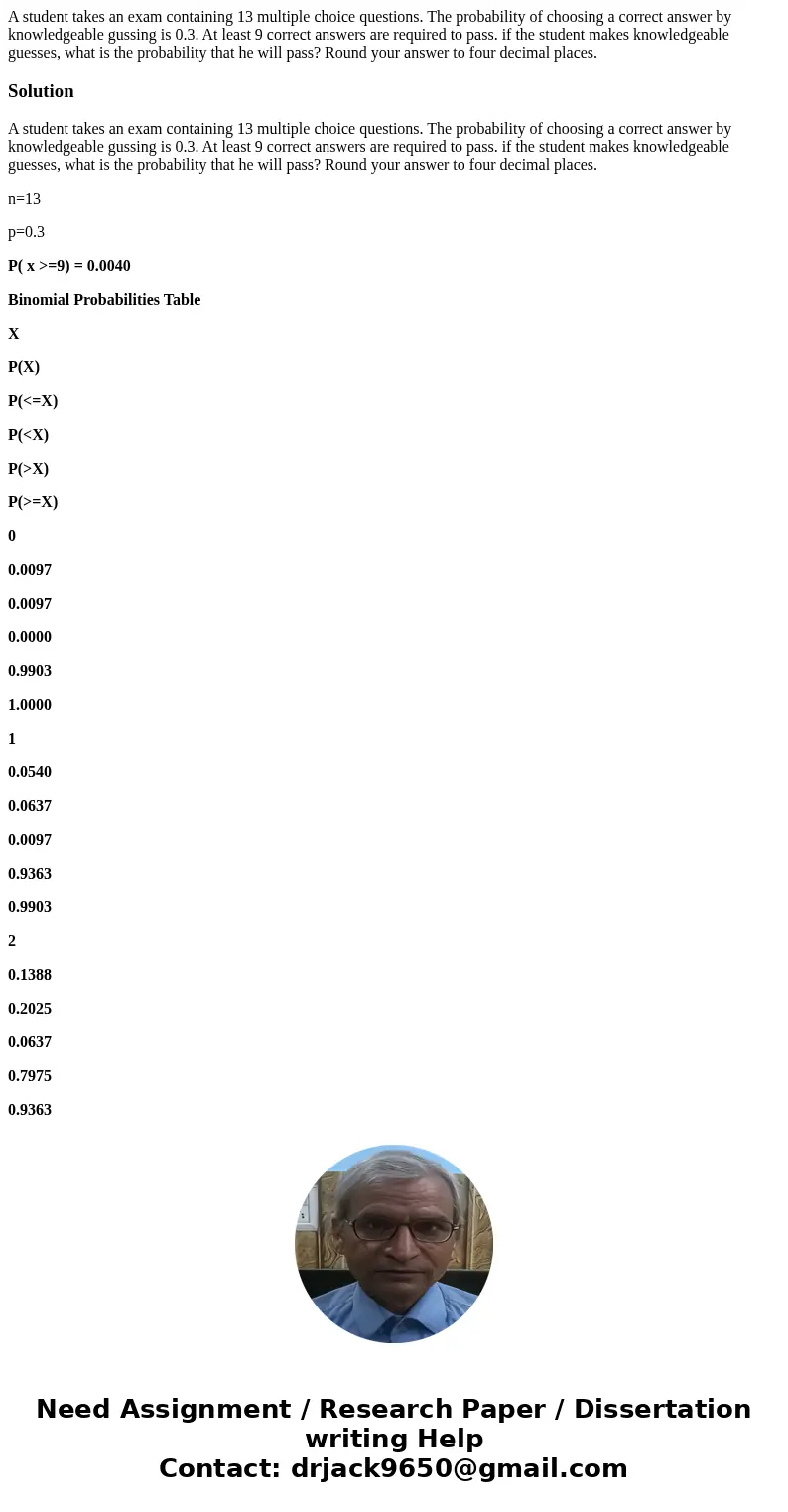 A student takes an exam containing 13 multiple choice questions. The probability of choosing a correct answer by knowledgeable gussing is 0.3. At least 9 correc
