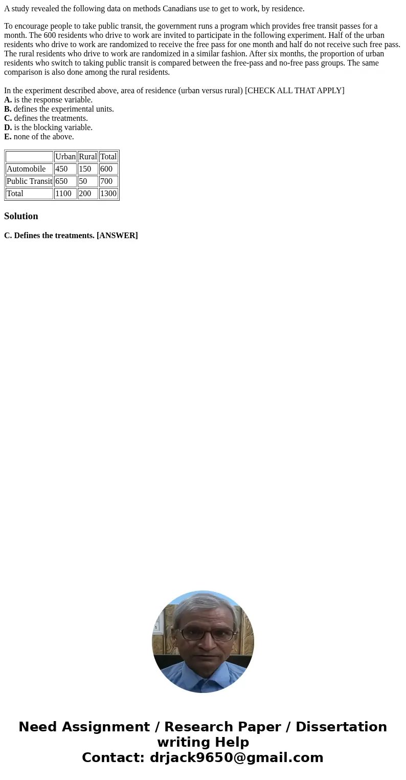 A study revealed the following data on methods Canadians use to get to work, by residence. To encourage people to take public transit, the government runs a pro A study revealed the following data on methods Canadians use to get to work, by residence. To encourage people to take public transit, the government runs a pro