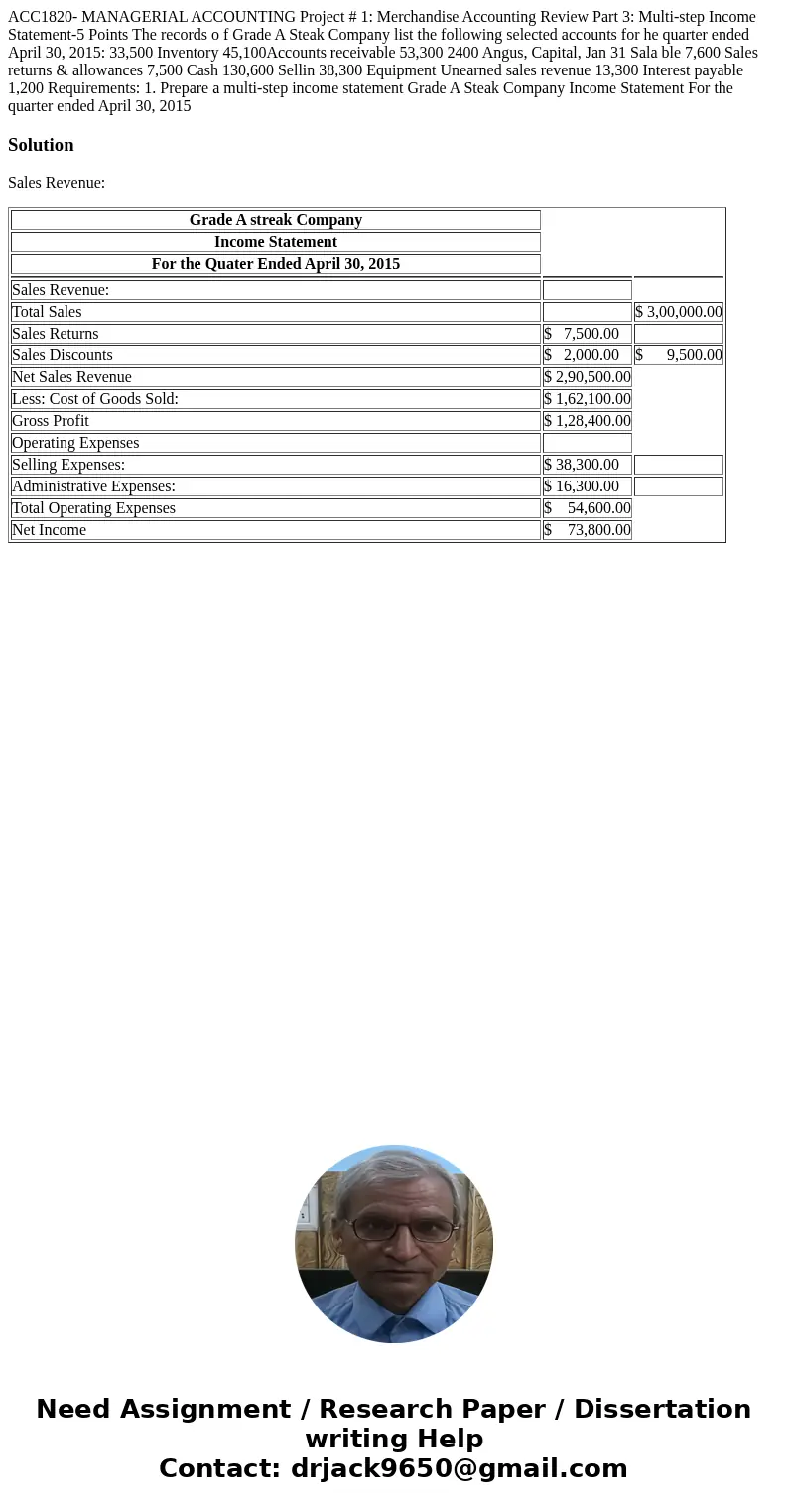  ACC1820- MANAGERIAL ACCOUNTING Project # 1: Merchandise Accounting Review Part 3: Multi-step Income Statement-5 Points The records o f Grade A Steak Company li