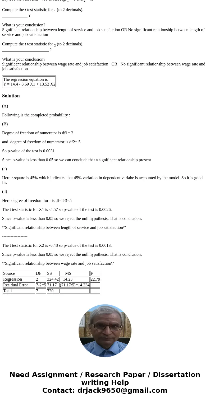 A.)Complete the missing entries in this output (to 2 decimals). Estimated Regression Equation Predictor Coefficient SE Coefficient T Constant 14.448 8.191 1.76 