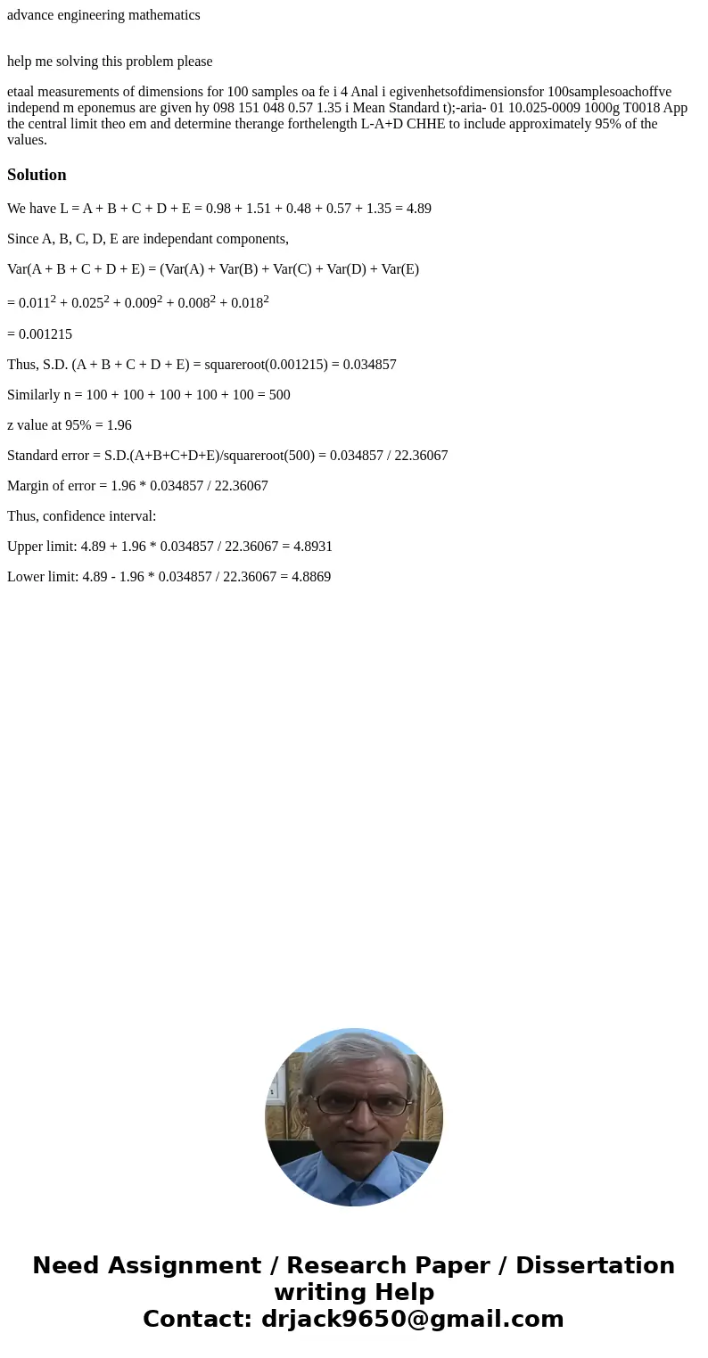 advance engineering mathematics help me solving this problem please etaal measurements of dimensions for 100 samples oa fe i 4 Anal i egivenhetsofdimensionsfor 