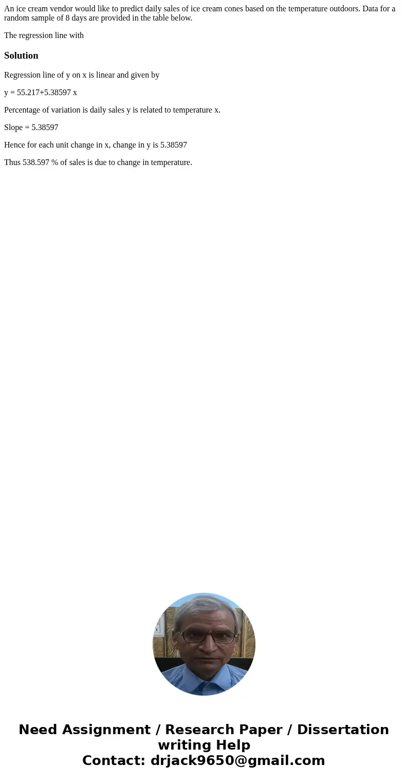 An ice cream vendor would like to predict daily sales of ice cream cones based on the temperature outdoors. Data for a random sample of 8 days are provided in t An ice cream vendor would like to predict daily sales of ice cream cones based on the temperature outdoors. Data for a random sample of 8 days are provided in t