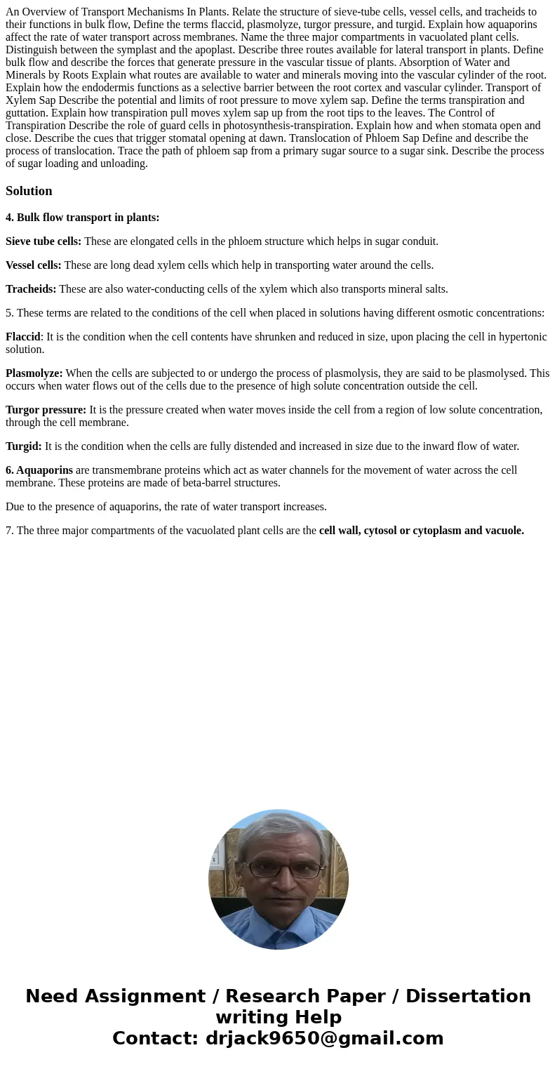  An Overview of Transport Mechanisms In Plants. Relate the structure of sieve-tube cells, vessel cells, and tracheids to their functions in bulk flow, Define th