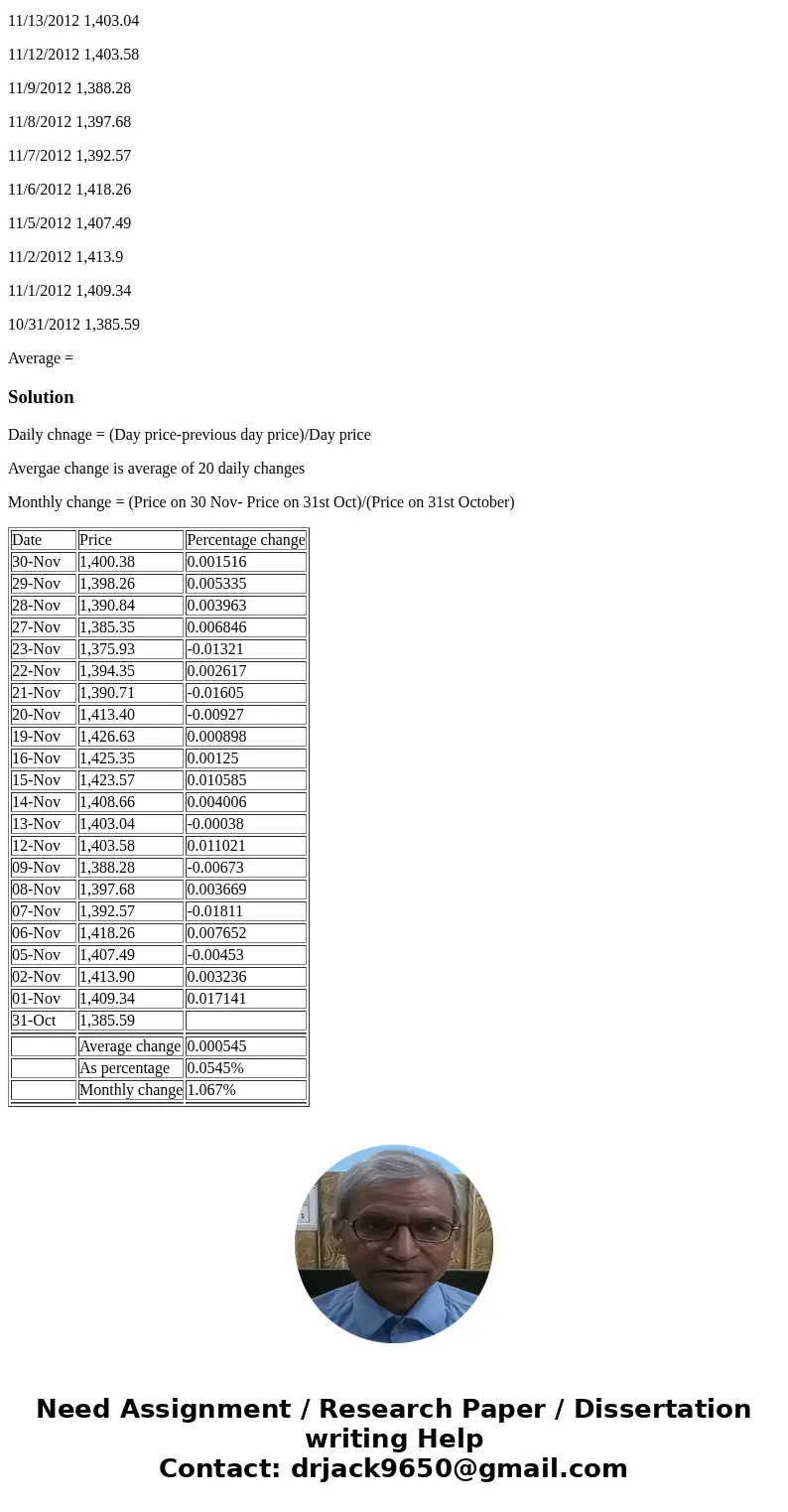 Assume that the spreadsheet below shows the closing prices for the S&P 500 Index for the month of November 2012. Using a column with six decimal places: a.  Assume that the spreadsheet below shows the closing prices for the S&P 500 Index for the month of November 2012. Using a column with six decimal places: a.