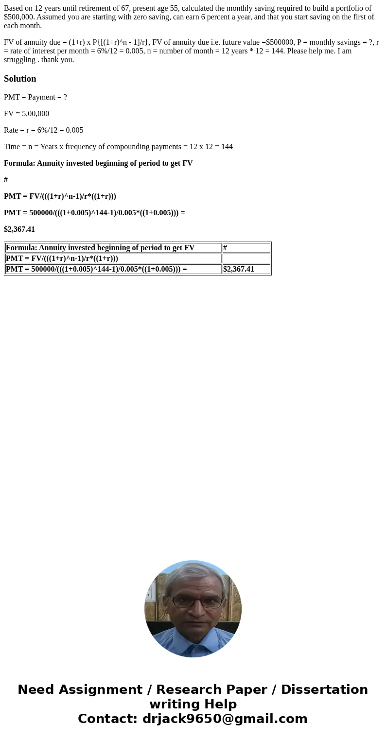 Based on 12 years until retirement of 67, present age 55, calculated the monthly saving required to build a portfolio of $500,000. Assumed you are starting with Based on 12 years until retirement of 67, present age 55, calculated the monthly saving required to build a portfolio of $500,000. Assumed you are starting with