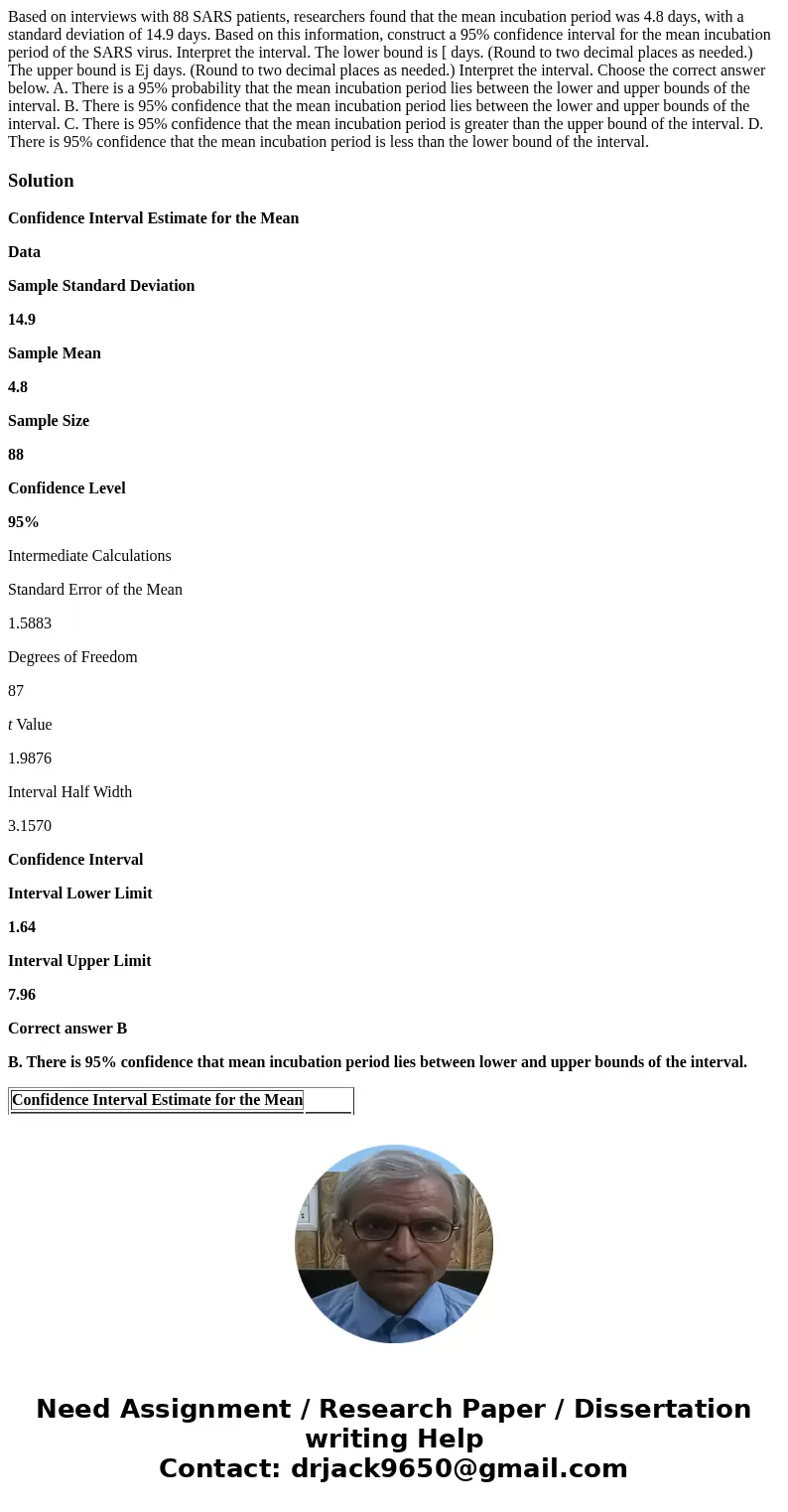  Based on interviews with 88 SARS patients, researchers found that the mean incubation period was 4.8 days, with a standard deviation of 14.9 days. Based on thi