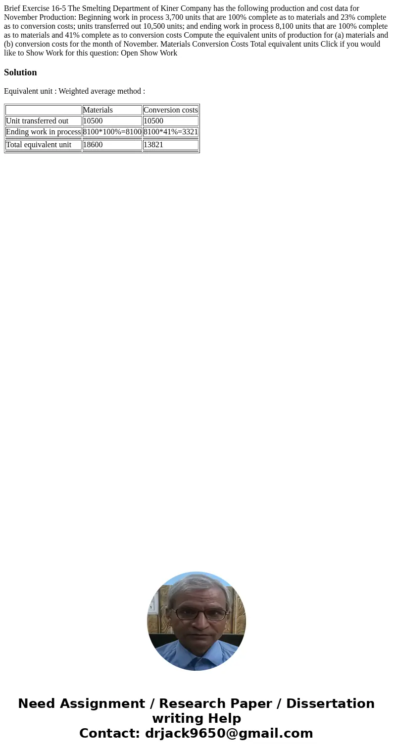  Brief Exercise 16-5 The Smelting Department of Kiner Company has the following production and cost data for November Production: Beginning work in process 3,70