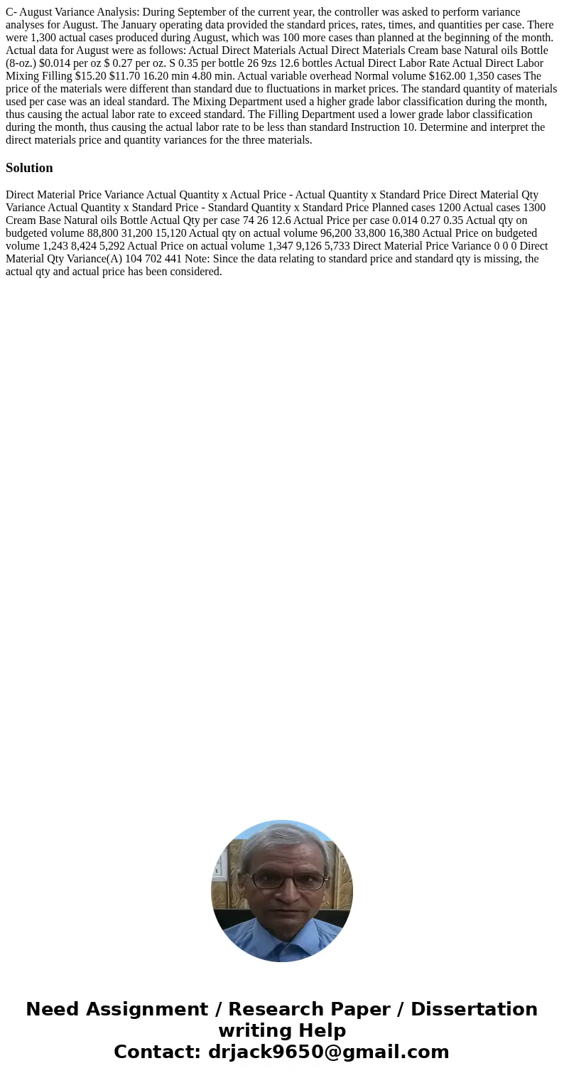 C- August Variance Analysis: During September of the current year, the controller was asked to perform variance analyses for August. The January operating data  C- August Variance Analysis: During September of the current year, the controller was asked to perform variance analyses for August. The January operating data