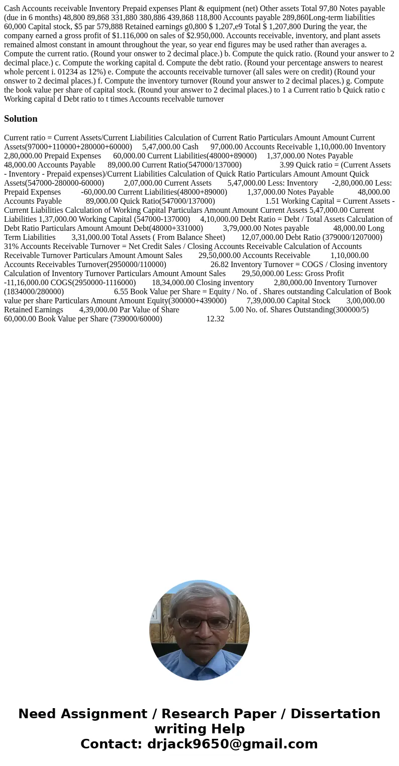  Cash Accounts receivable Inventory Prepaid expenses Plant & equipment (net) Other assets Total 97,80 Notes payable (due in 6 months) 48,800 89,868 331,880 