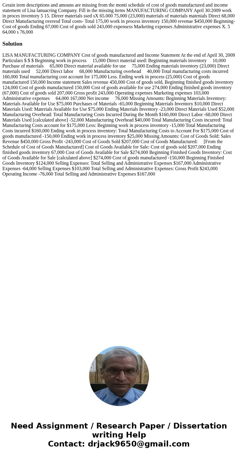 Cerain irem descriptions and amouns are missing from the monti schedule of cost of goods manufactured and income statement of Lisa lanuacring Company. Fill in   Cerain irem descriptions and amouns are missing from the monti schedule of cost of goods manufactured and income statement of Lisa lanuacring Company. Fill in
