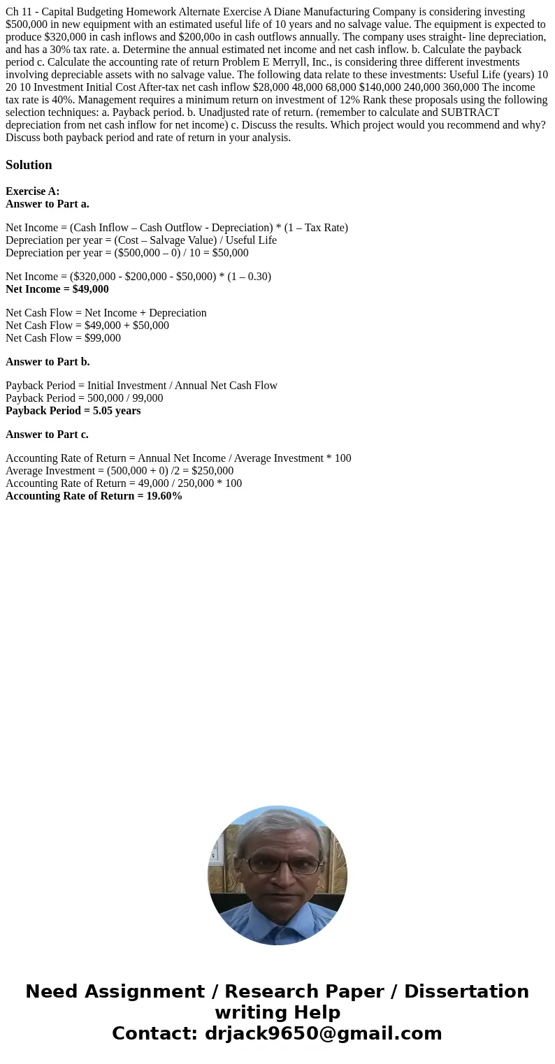  Ch 11 - Capital Budgeting Homework Alternate Exercise A Diane Manufacturing Company is considering investing $500,000 in new equipment with an estimated useful