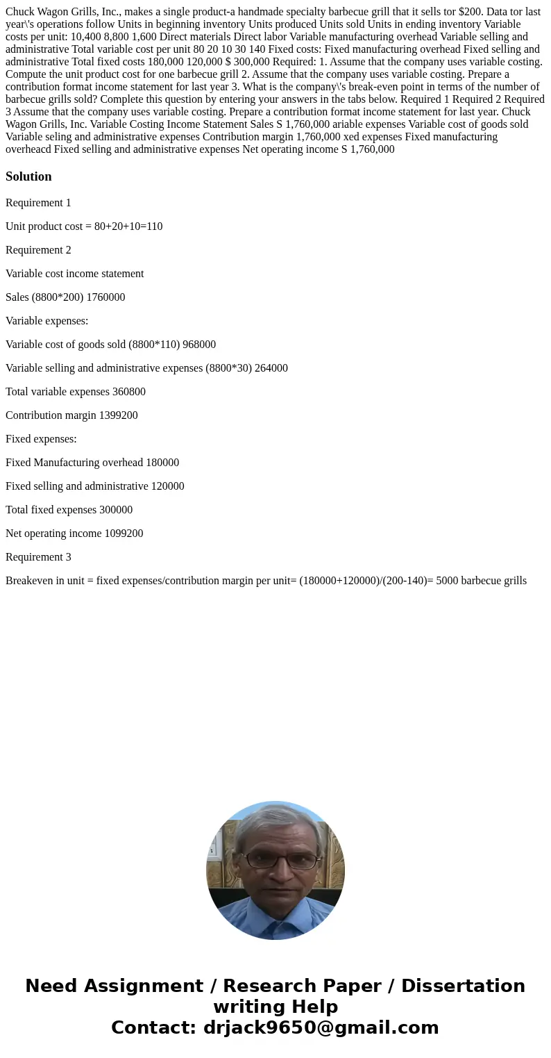 Chuck Wagon Grills, Inc., makes a single product-a handmade specialty barbecue grill that it sells tor $200. Data tor last year\'s operations follow Units in b  Chuck Wagon Grills, Inc., makes a single product-a handmade specialty barbecue grill that it sells tor $200. Data tor last year\'s operations follow Units in b