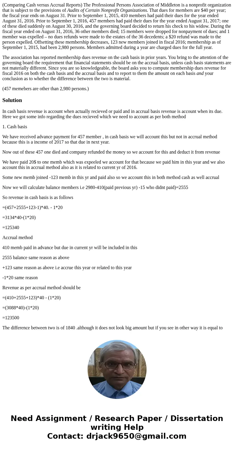 (Comparing Cash versus Accrual Reports) The Professional Persons Association of Middleton is a nonprofit organization that is subject to the provisions of Audit (Comparing Cash versus Accrual Reports) The Professional Persons Association of Middleton is a nonprofit organization that is subject to the provisions of Audit