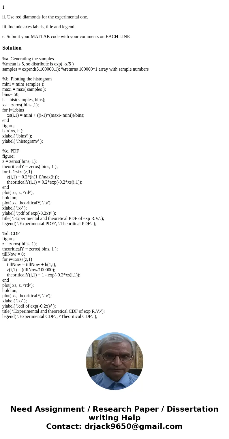 Consider and random variable (RV) X that is exponentially distributed with E[X]=5. Using MATLAB, do the following: a. Generate 1,000,000 samples of this random 