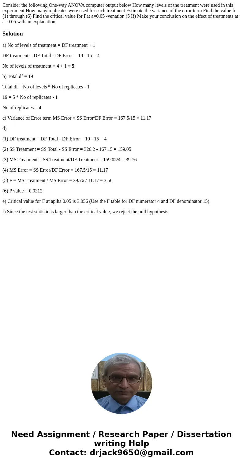  Consider the following One-way ANOVA computer output below How many levels of the treatment were used in this experiment How many replicates were used for each