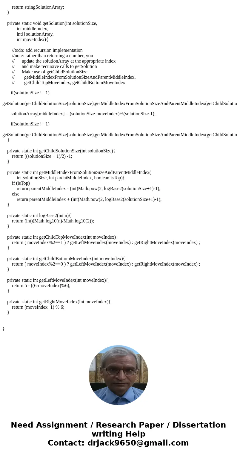Create a project that has a method called getSolution(int moveIndex, int discCount) that prints out on consecutive lines the moves for the solution. The moveInd