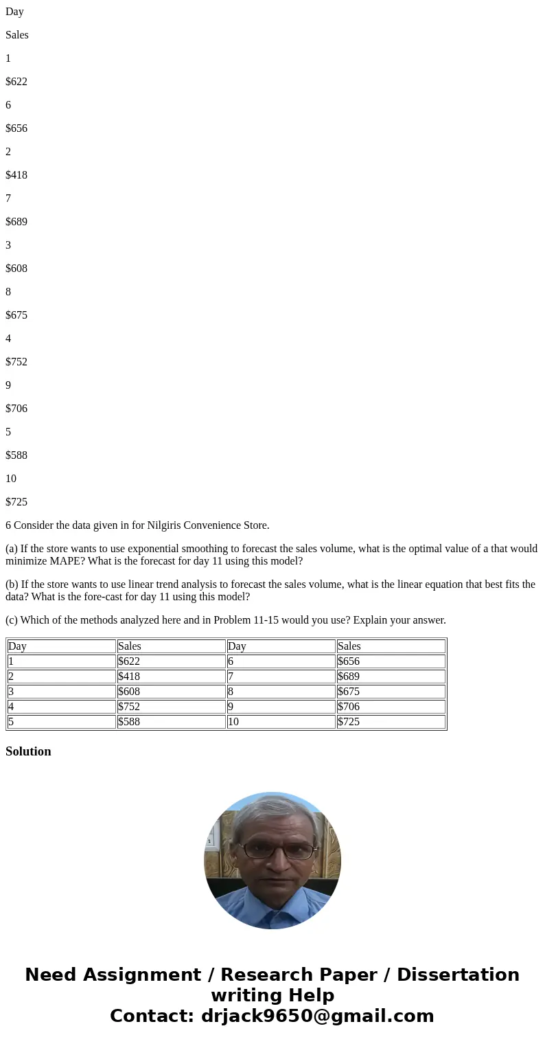 Day Sales Day Sales 1 $622 6 $656 2 $418 7 $689 3 $608 8 $675 4 $752 9 $706 5 $588 10 $725 6 Consider the data given in for Nilgiris Convenience Store. (a) If t