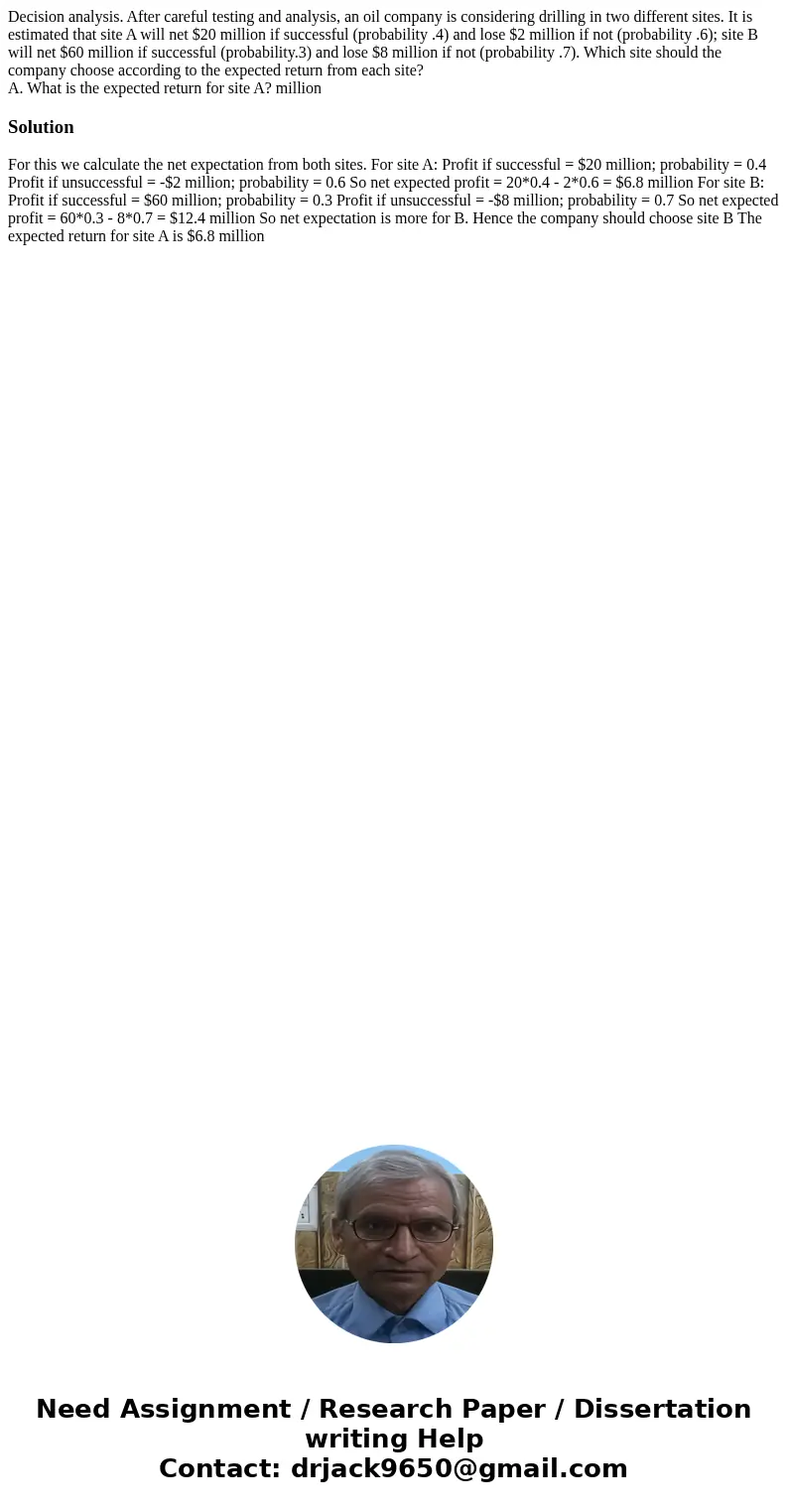 Decision analysis. After careful testing and analysis, an oil company is considering drilling in two different sites. It is estimated that site A will net $20 m Decision analysis. After careful testing and analysis, an oil company is considering drilling in two different sites. It is estimated that site A will net $20 m