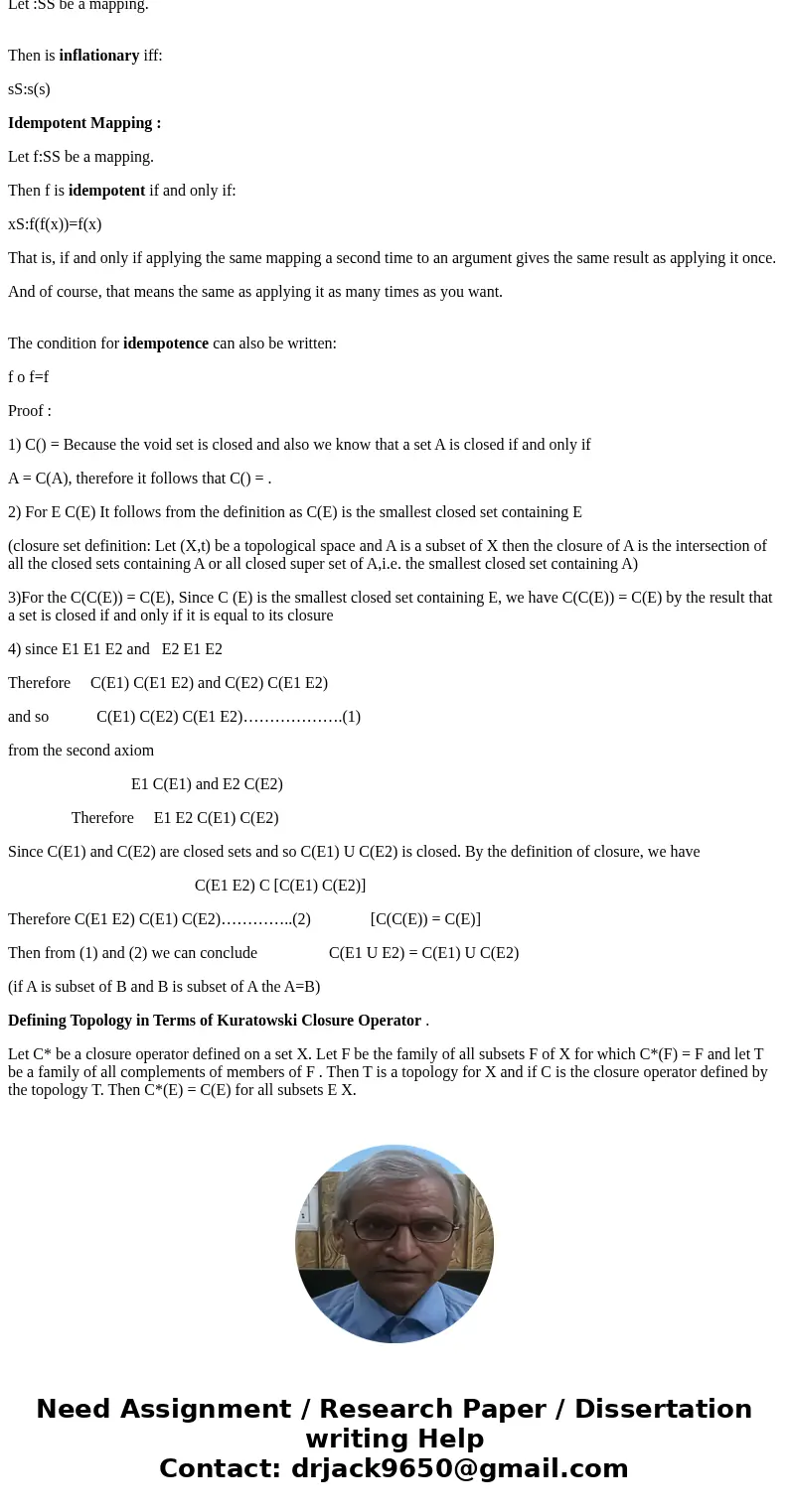 Define the mapping C:P(x)rightarrow P(x) through the following axioms as follows: a) C() = B)E C(E) C) C(c(E)) = C(E) d)C(E_1 E_2) = C(E_1) C(E_2) Show that th  Define the mapping C:P(x)rightarrow P(x) through the following axioms as follows: a) C() = B)E C(E) C) C(c(E)) = C(E) d)C(E_1 E_2) = C(E_1) C(E_2) Show that th