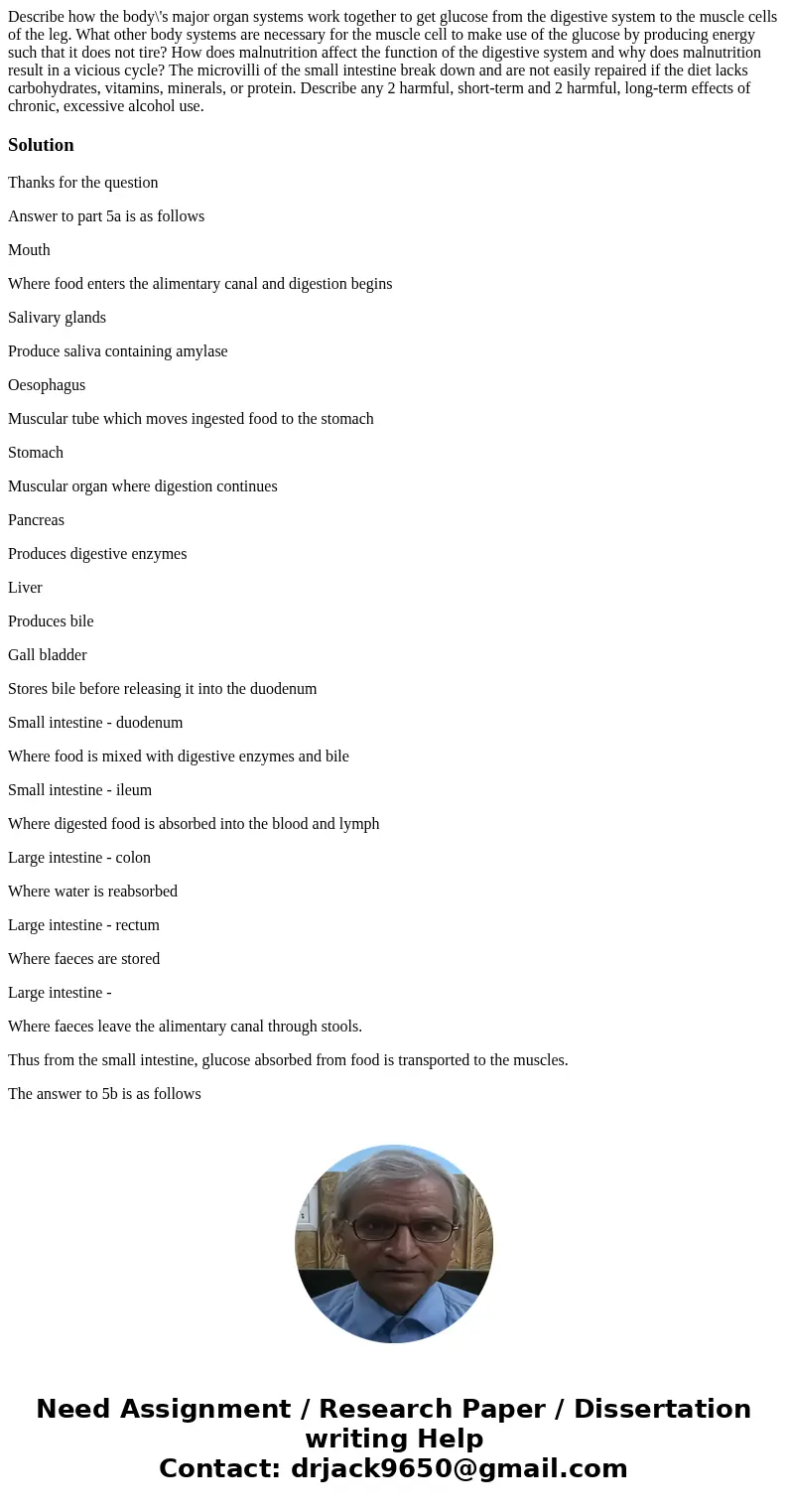  Describe how the body\'s major organ systems work together to get glucose from the digestive system to the muscle cells of the leg. What other body systems are