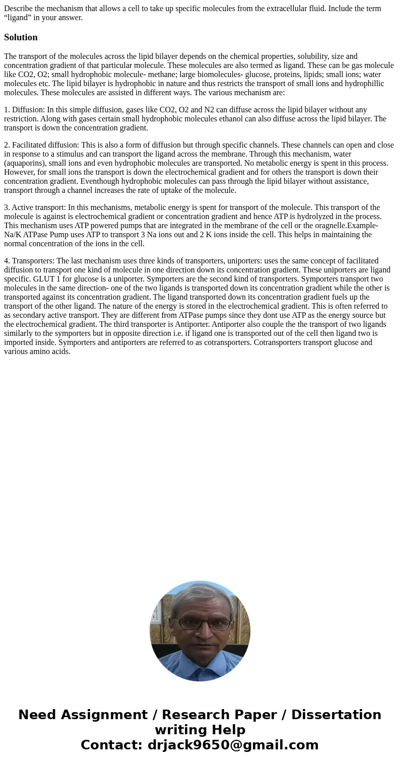 Describe the mechanism that allows a cell to take up specific molecules from the extracellular fluid. Include the term “ligand” in your answer.SolutionThe trans Describe the mechanism that allows a cell to take up specific molecules from the extracellular fluid. Include the term “ligand” in your answer.SolutionThe trans
