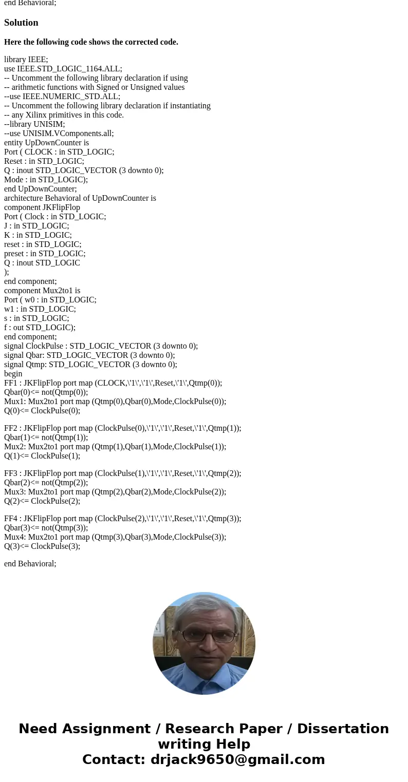Design a selectable 4-bit up/down asynchronous ripple counter by using JK_FF and Mux2to1 in VHDL I have done it half way but the Mode does not work. Can you spo