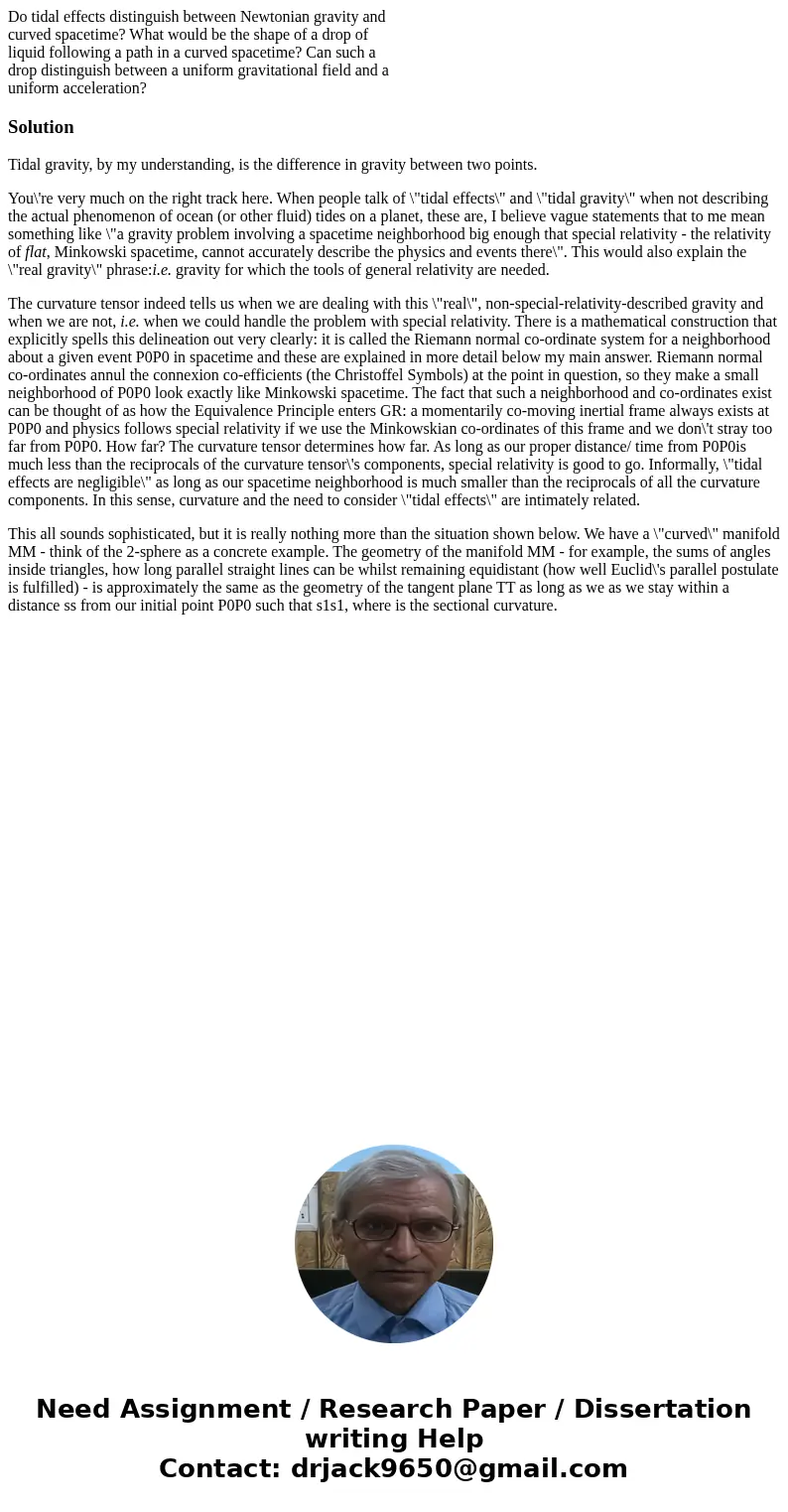 Do tidal effects distinguish between Newtonian gravity and curved spacetime? What would be the shape of a drop of liquid following a path in a curved spacetime? Do tidal effects distinguish between Newtonian gravity and curved spacetime? What would be the shape of a drop of liquid following a path in a curved spacetime?