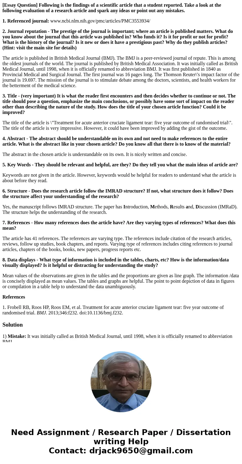 [Essay Question] Following is the findings of a scientific article that a student reported. Take a look at the following evaluation of a research article and sp