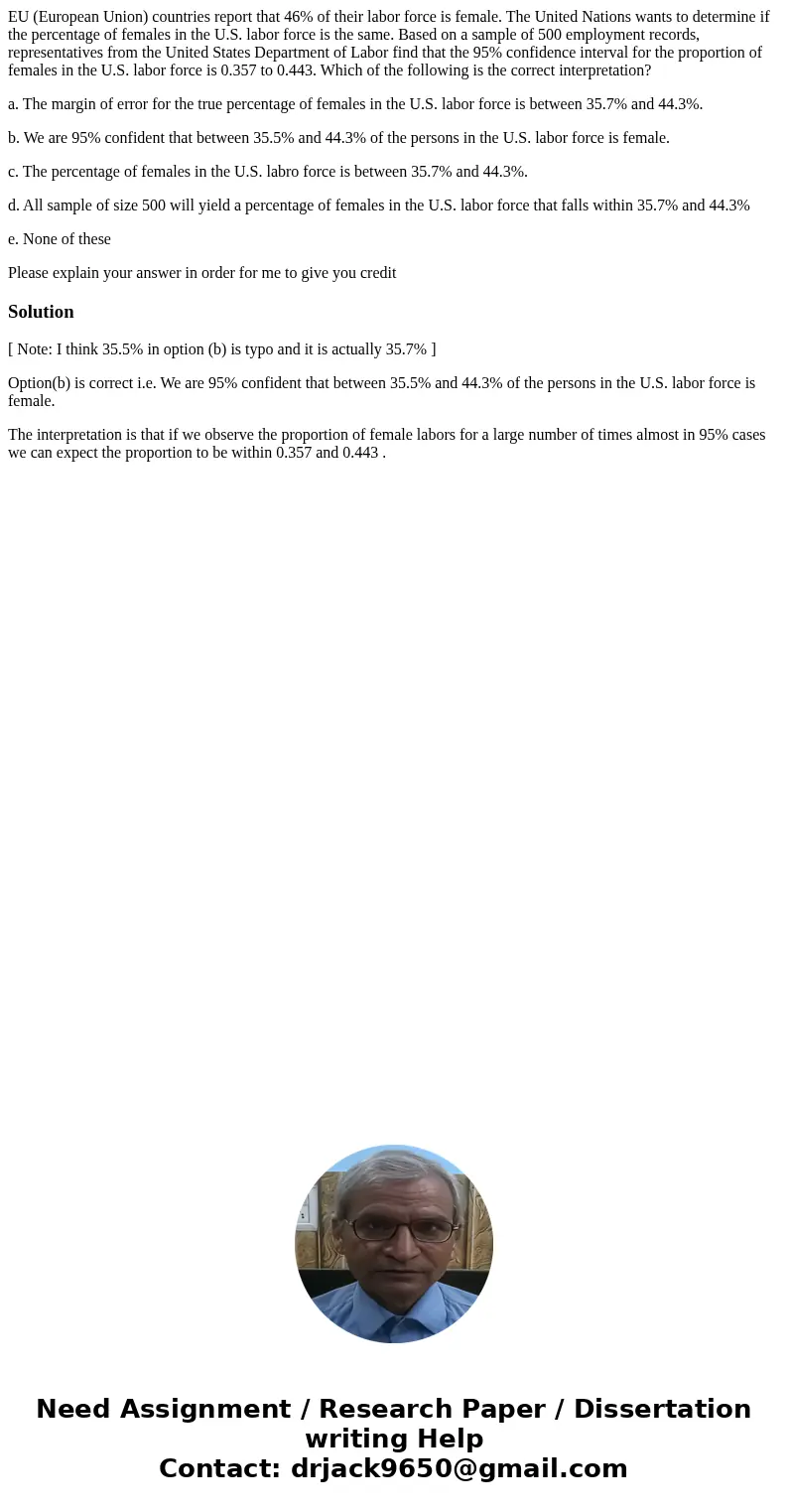 EU (European Union) countries report that 46% of their labor force is female. The United Nations wants to determine if the percentage of females in the U.S. lab