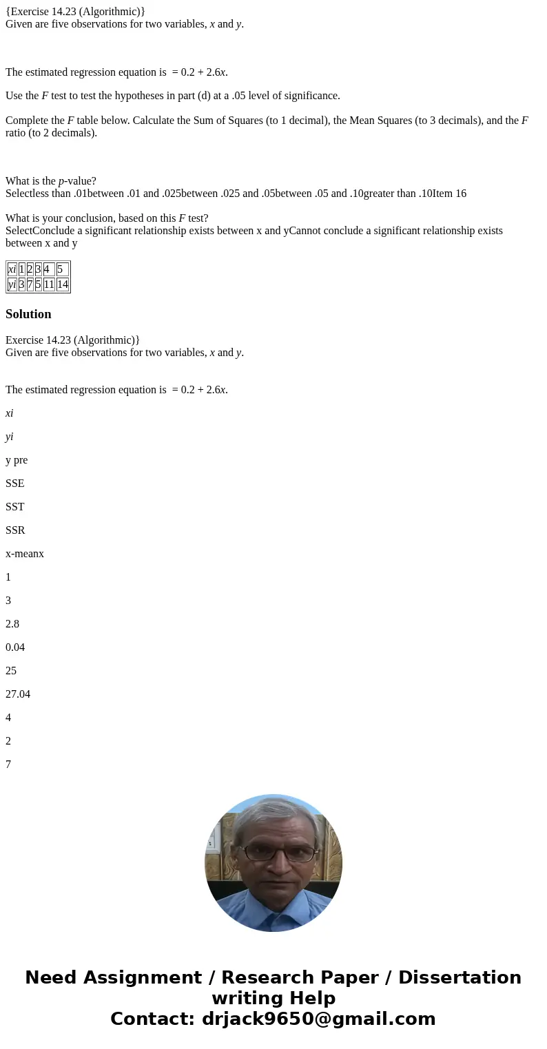 {Exercise 14.23 (Algorithmic)} Given are five observations for two variables, x and y. The estimated regression equation is = 0.2 + 2.6x. Use the F test to test