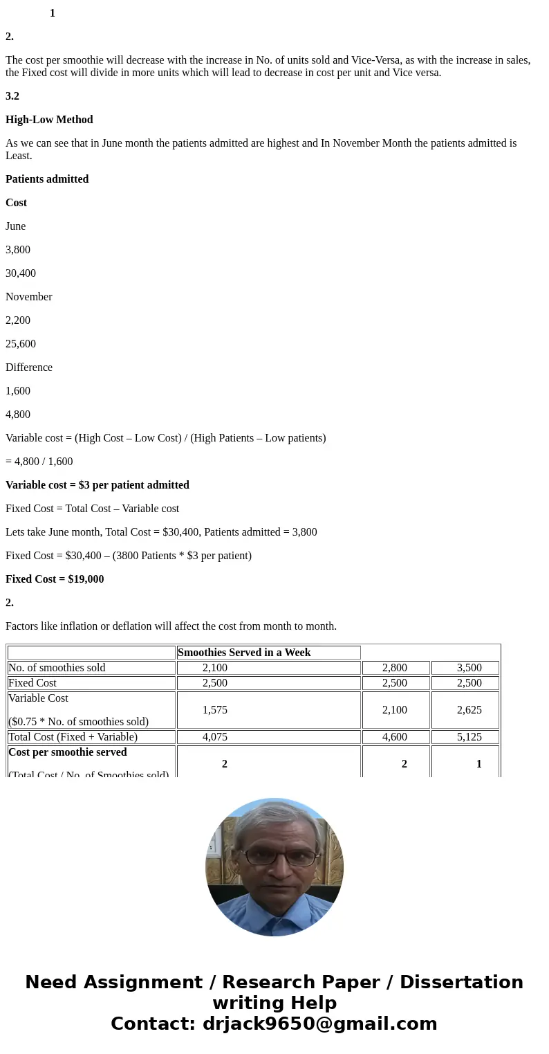  Exercise 3-1 Page 82 Goes - Down- Smooth operates a number of smoothie bars in busy suburban malls. The fixed weekly expense of a smoothie bar is $2,500, and t