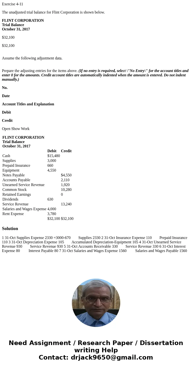 Exercise 4-11 The unadjusted trial balance for Flint Corporation is shown below. FLINT CORPORATION Trial Balance October 31, 2017 $32,100 $32,100 Assume the fol