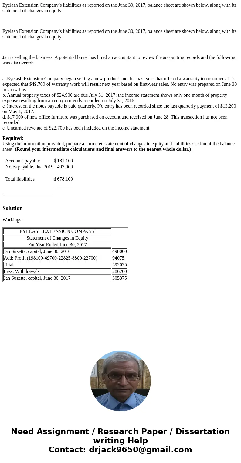  Eyelash Extension Company’s liabilities as reported on the June 30, 2017, balance sheet are shown below, along with its statement of changes in equity. Eyelash