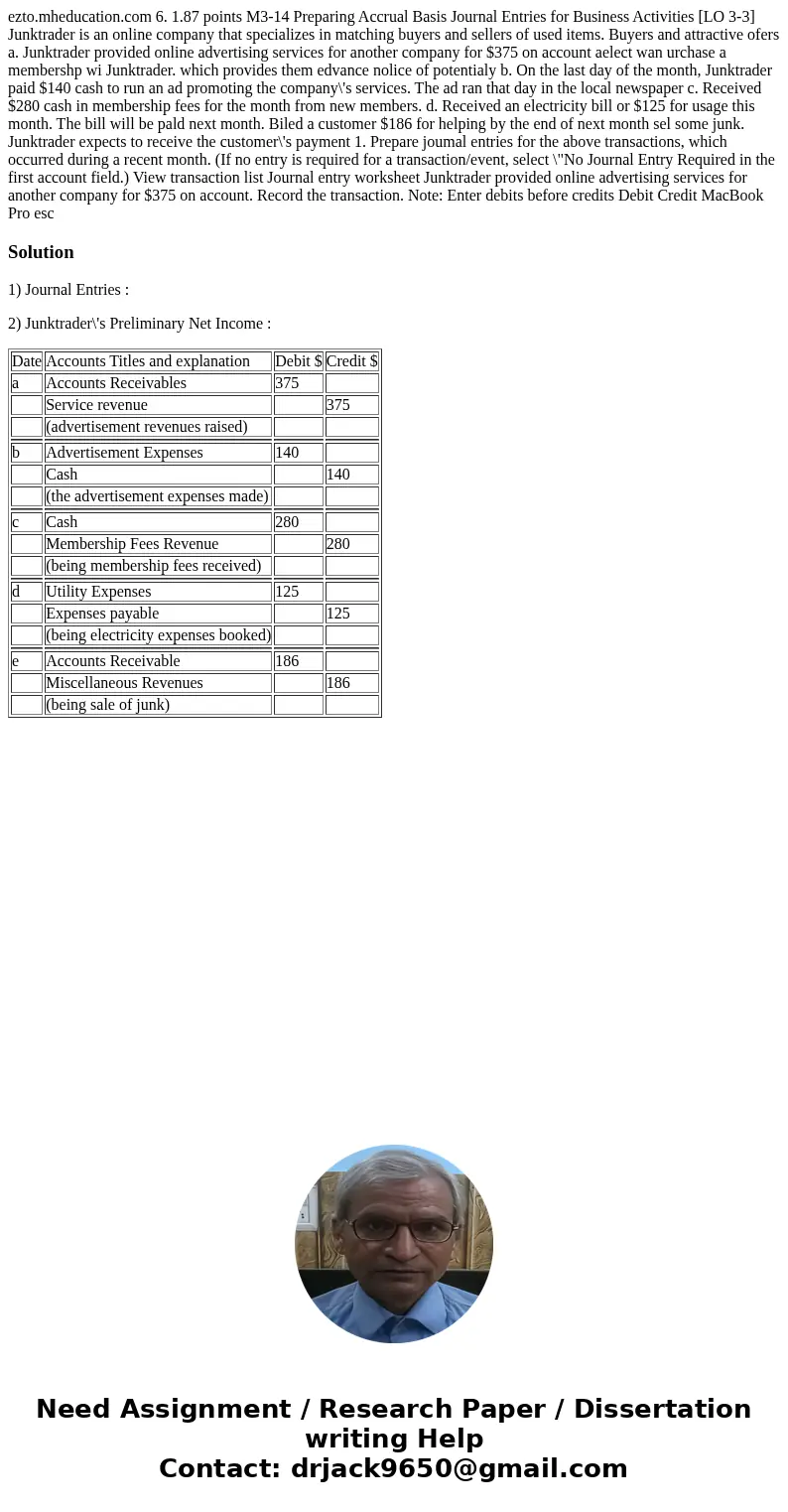  ezto.mheducation.com 6. 1.87 points M3-14 Preparing Accrual Basis Journal Entries for Business Activities [LO 3-3] Junktrader is an online company that special