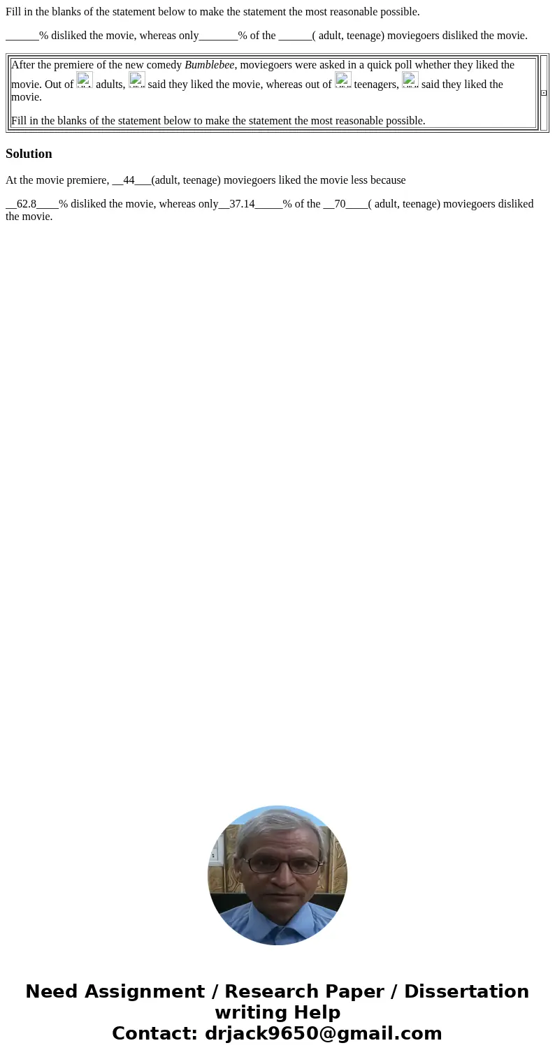 Fill in the blanks of the statement below to make the statement the most reasonable possible. ______% disliked the movie, whereas only_______% of the ______( ad