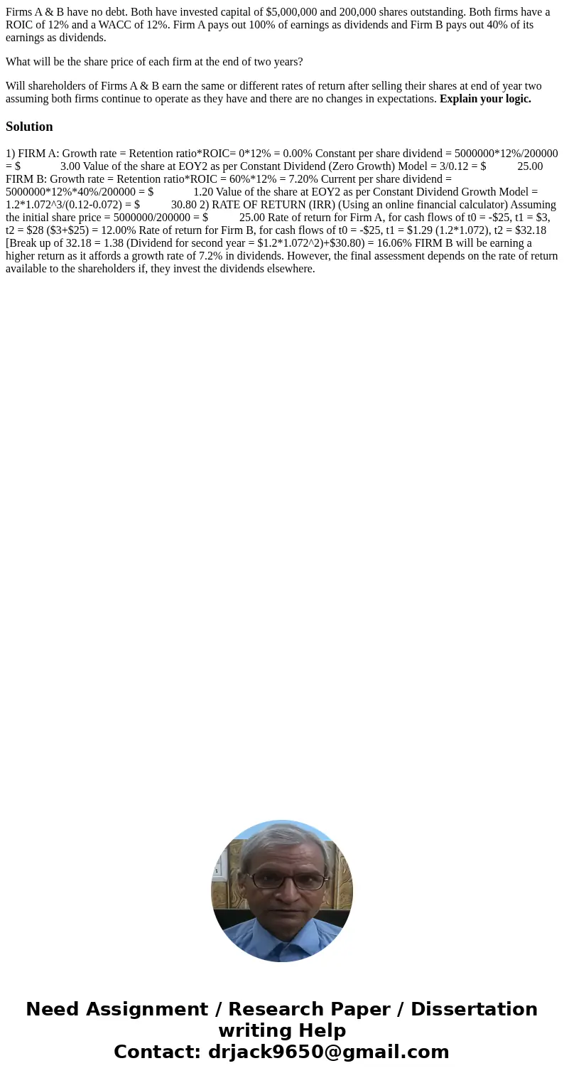 Firms A & B have no debt. Both have invested capital of $5,000,000 and 200,000 shares outstanding. Both firms have a ROIC of 12% and a WACC of 12%. Firm A p