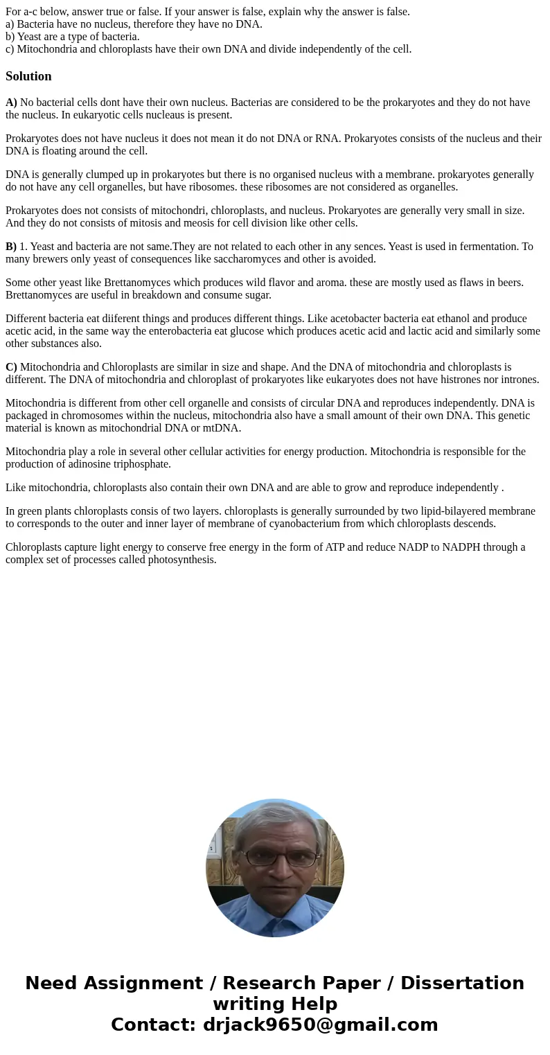 For a-c below, answer true or false. If your answer is false, explain why the answer is false. a) Bacteria have no nucleus, therefore they have no DNA. b) Yeast For a-c below, answer true or false. If your answer is false, explain why the answer is false. a) Bacteria have no nucleus, therefore they have no DNA. b) Yeast