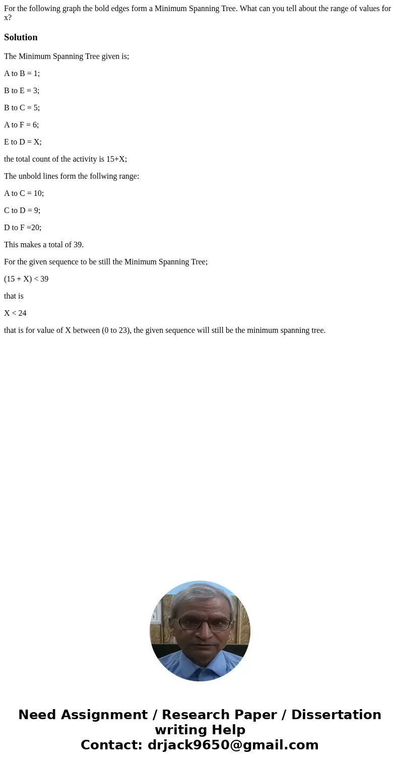 For the following graph the bold edges form a Minimum Spanning Tree. What can you tell about the range of values for x? SolutionThe Minimum Spanning Tree given  For the following graph the bold edges form a Minimum Spanning Tree. What can you tell about the range of values for x? SolutionThe Minimum Spanning Tree given