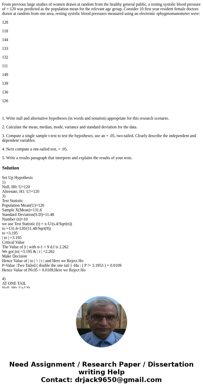From previous large studies of women drawn at random from the healthy general public, a resting systolic blood pressure of = 120 was predicted as the population From previous large studies of women drawn at random from the healthy general public, a resting systolic blood pressure of = 120 was predicted as the population